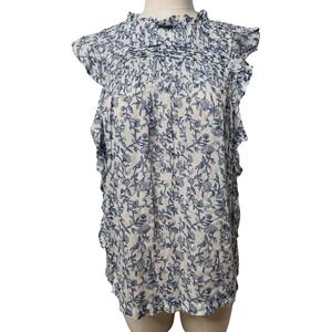 Beachlunchlounge White Blue Floral Ruffle Neck Cotton Sleeveless Blouse Small